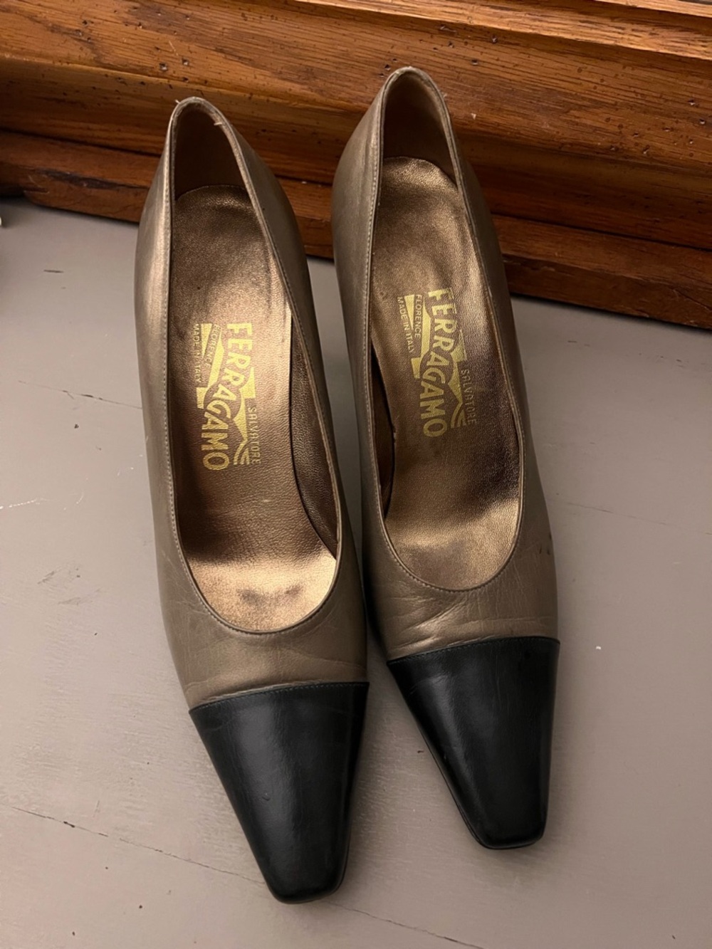 Salvatore Ferragamo Two Tone Leather Pumps with Black Cap Toe